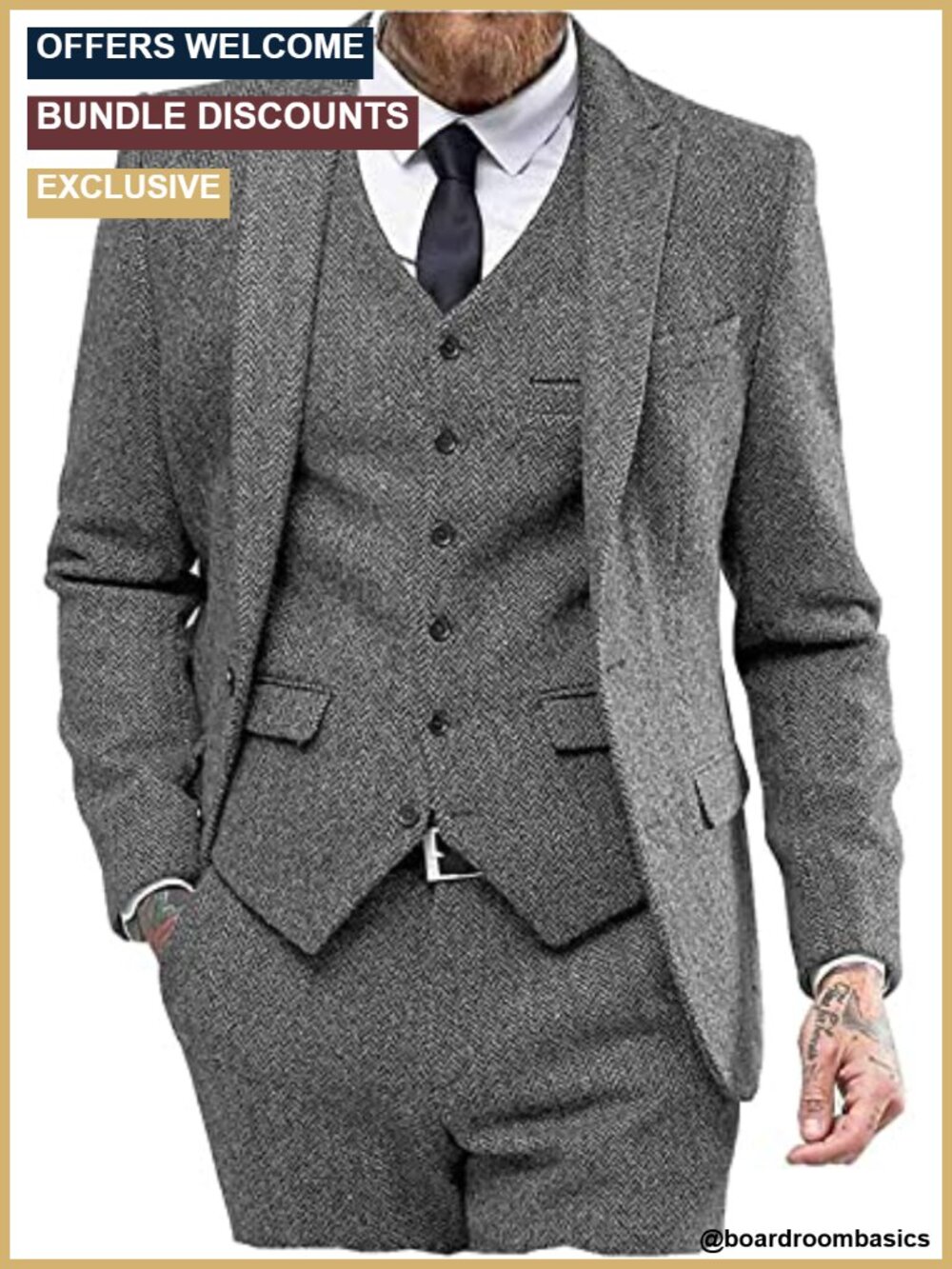 Men's 3 Piece Tweed Herringbone Suit Peak Lapel Formal Wedding Prom Tuxedo